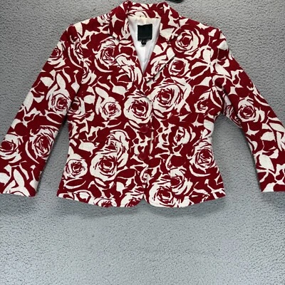 Limited Womens Red White Rose Floral Print Blazer Cotton Lined Preowned Career 6 - Image 1 of 4
