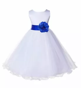 Satin weißer Tüll Blume Mädchen Kleid Hochzeit Festzug Kommunion Empfang Taufe - Bild 1 von 56