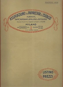 Associazione Proprietari Esercizi Milano Listino Prezzi 1928 Liquori Champagne - Imagen 1 de 5