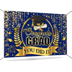 Mocsicka Congrats Grad Banner Class of 2025 Graduation Backdrop Blue and Gold... - Picture 1 of 7
