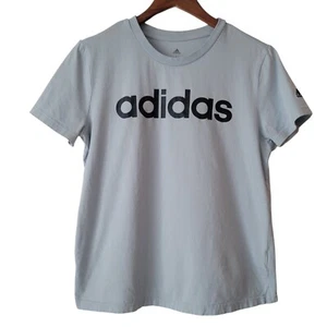 Adidas Tshirt Large Womens Light Blue Black Spell Out Logo Reg Fit Sits at Waist - Bild 1 von 8