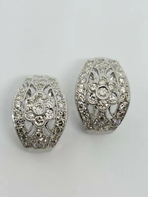 18K White Gold Natural Diamond Floral Motif Omega Clip Back Earrings MSRP $2,750 - Image 1 of 4