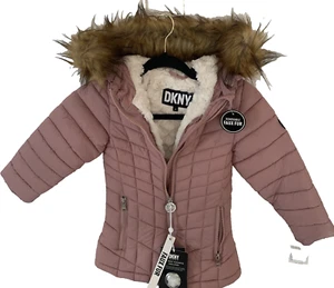 DKNY Parka Sherpa Lined Girls 4T Dusty Pink Faux Fur Removable Hood NEW with tag - Picture 1 of 15