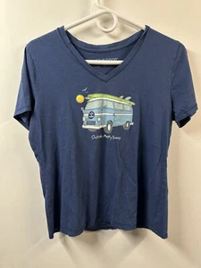 Life Is Good Women’s Medium Crusher V-Neck T-Shirt VW Bus Outlook Mostly Sunny - Picture 1 of 5
