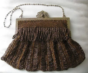 Antique Art Deco Gold Floral Frame Knit Copper Brown Iridescent Bead Purse #2 - Picture 1 of 15