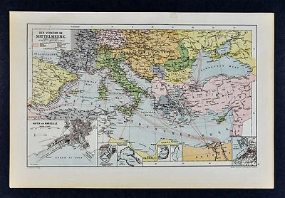 c 1885 Hartleben Map Mediteranean Sea Steamer Routes Marseille Europe Africa - Image 1 of 2