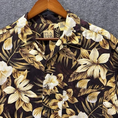 Camisa havaiana Jos A Bank masculina M 100% seda preta/dourada tropical botão para baixo - Imagem 1 de 4
