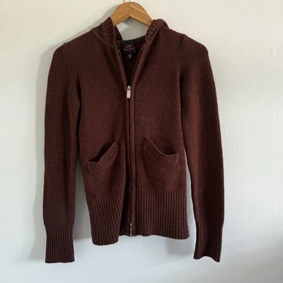 Y2K 2000s 2b Bebe Knit Acrylic Ribbed Hoodie Pockets Full Zip Medium Brown - Image 1 of 4