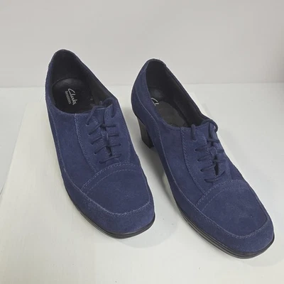 Clarks Bendables Shoes Womens Size 8.5 W Navy Blue Suede Heeled Oxford Lace Up - Image 1 of 4