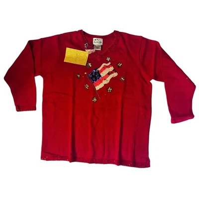 Vintage Quacker Factory Patriotic Sequin American Flag  Red Sweater - 1X - Image 1 of 4