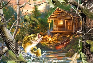 Canvas art print giclée poster. pillow.  fishing cabin the one that got away - Picture 1 of 6
