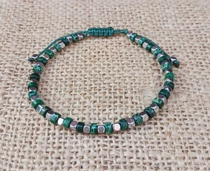 GREEN SEA SEDIMENT JASPER HEISHI BEAD & SILVER CUBE HEMATITE GEMSTONE BRACELET - Picture 1 of 4