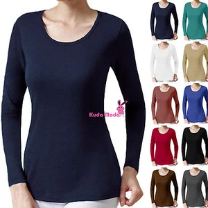 Soft Ultra Stretch Seamless Round Crew Neck Long Sleeve U TEE T Shirt Solid TOP - Picture 1 of 12