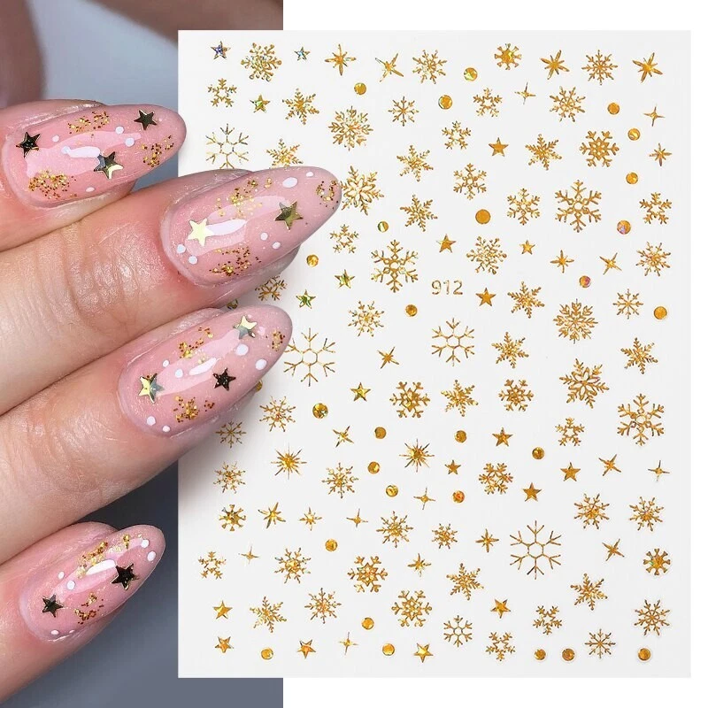 Nail Art Stickers Decals Transfers Christmas Metallic Gold Snowflakes Stars 912