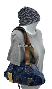 Bolso de Lona de Hombro de Lona Azul Pequeño 12 Pulgadas Acento de Hilo de Bordar - Imagen 1 de 4