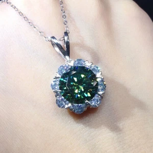 Flower Shape Blue Green Moissanite Gems Silver Women Charming Necklace Pendants - Picture 1 of 7