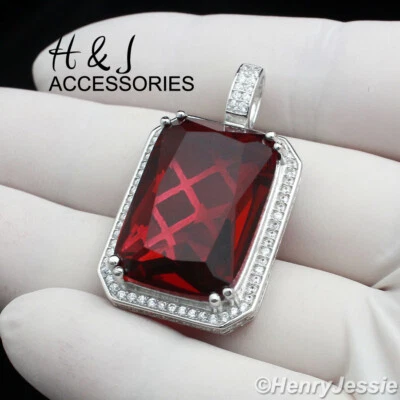 COLGANTE CON DIJE DE RUBÍ SIMULADO PLATA HIP HOP HELADA PLATA ESTERLINA 925 PARA HOMBRE*ASP71 Foto 1 de 4