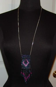 Beaded Change Purse Pendant Necklace Blue Purple Fringe 28" Jewelry Beads - Picture 1 of 9