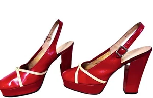 Vintage 70's Chunky Platform Shoes Womens 5 Red/White Slingback Hippie Lotus UK - Picture 1 of 7