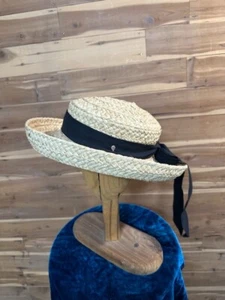 HELEN KAMINSKY Classic Raffia/Straw Sun Hat NATURAL/BLACK RIBBON/Pin 22 in Circ. - Picture 1 of 7