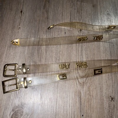 "2 cinturones vintage años 80 con acento de gelatina transparente metal dorado Italia París talla ajuste 29-33""" Foto 1 de 4