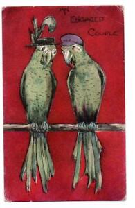 2 Parrots Hats On An Engaged Couple M Ettinger Postcard #4521 1908