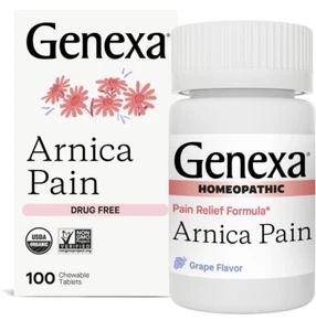 Genexa Arnica Pain Homeopathic Chewable Vegan Tablets 100 Count (Exp 2/28) - Picture 1 of 6