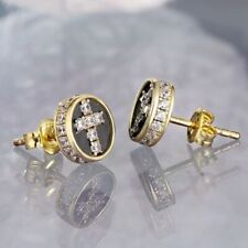 Natural Real Diamond & Enamel Cross Design Stud Earrings In 10K Yellow Gold