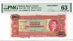 Bolivia 1000 Bolivianos 1945 Banknote Specimen TDLR P149s PMG Choice Unc 63 - Picture 1 of 2