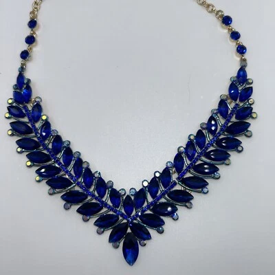 Natasha Royal Blue Crystal Necklace Choker Gold Tone Hardware Statement Piece - Image 1 of 4