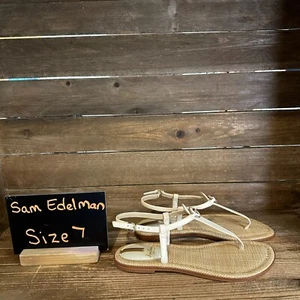 New Womens Sam Edelman Gigi Signet Ivory Leather Strappy Thong Sandals Size 7 M - Picture 1 of 6