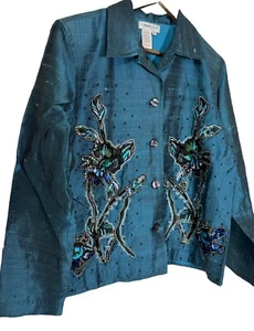 Coldwater Creek Seidenmischung Jacke Damen verziert bestickt Blau Grün M - Bild 1 von 6