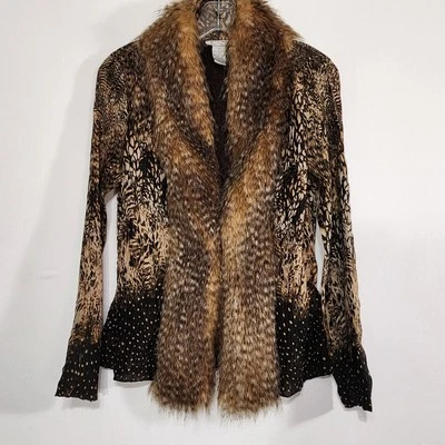 Alberto Mikali Couture Jacket Sz PM  Crinkle Feather Print Faux Fox Fur Stunning - Image 1 of 4