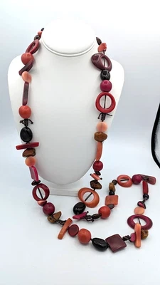 Collar Largo Y2K Grueso Resina y Madera Borgoña Coral Marrón Boho Artístico Foto 1 de 4
