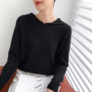Winter Women's Hoodie 100% Wool Long Sleeve Sweater Knitted Cashmere Hoodie Top - Picture 1 of 25