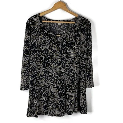 CATO Womens Tunic Top Size 1X Black Dotted Swirl Keyhole Scoop Neck 3/4 Sleeve - Image 1 of 4