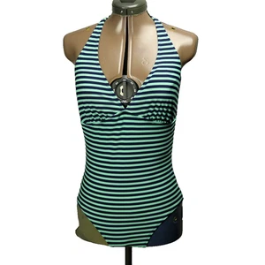 Old Navy Halter Tie Striped One Piece Swimsuit Lined Teal & Navy Blue M - Picture 1 of 16