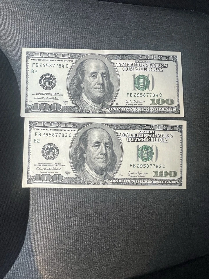 One Hundred Dollar Bills $100 Consecutive Numbers (total of two bills) - Image 1 of 3
