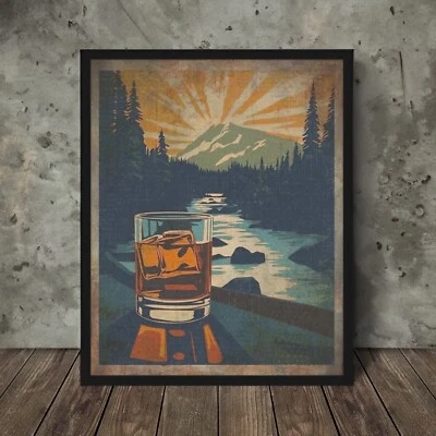 Vintage WHISKEY River Wall Art, Forest Mountain Bourbon Poster, Scotch Sunset - Image 1 of 4