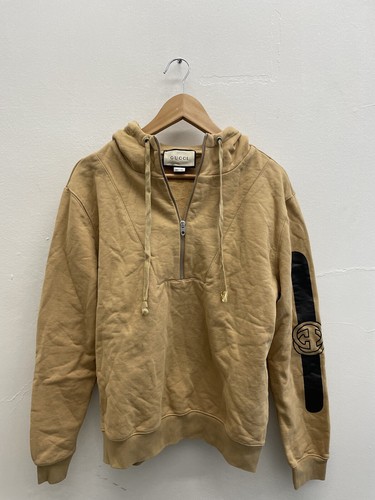 Autentica felpa con cappuccio mezza zip GUCCI UOMO marrone cotone ad incastro GG taglia M