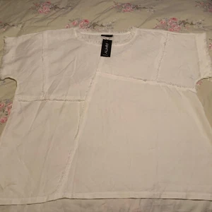 APNY White Size XL Seamed Short Sleeve Top Oversize Fringed 100% Tencel NWT $72 - Picture 1 of 13