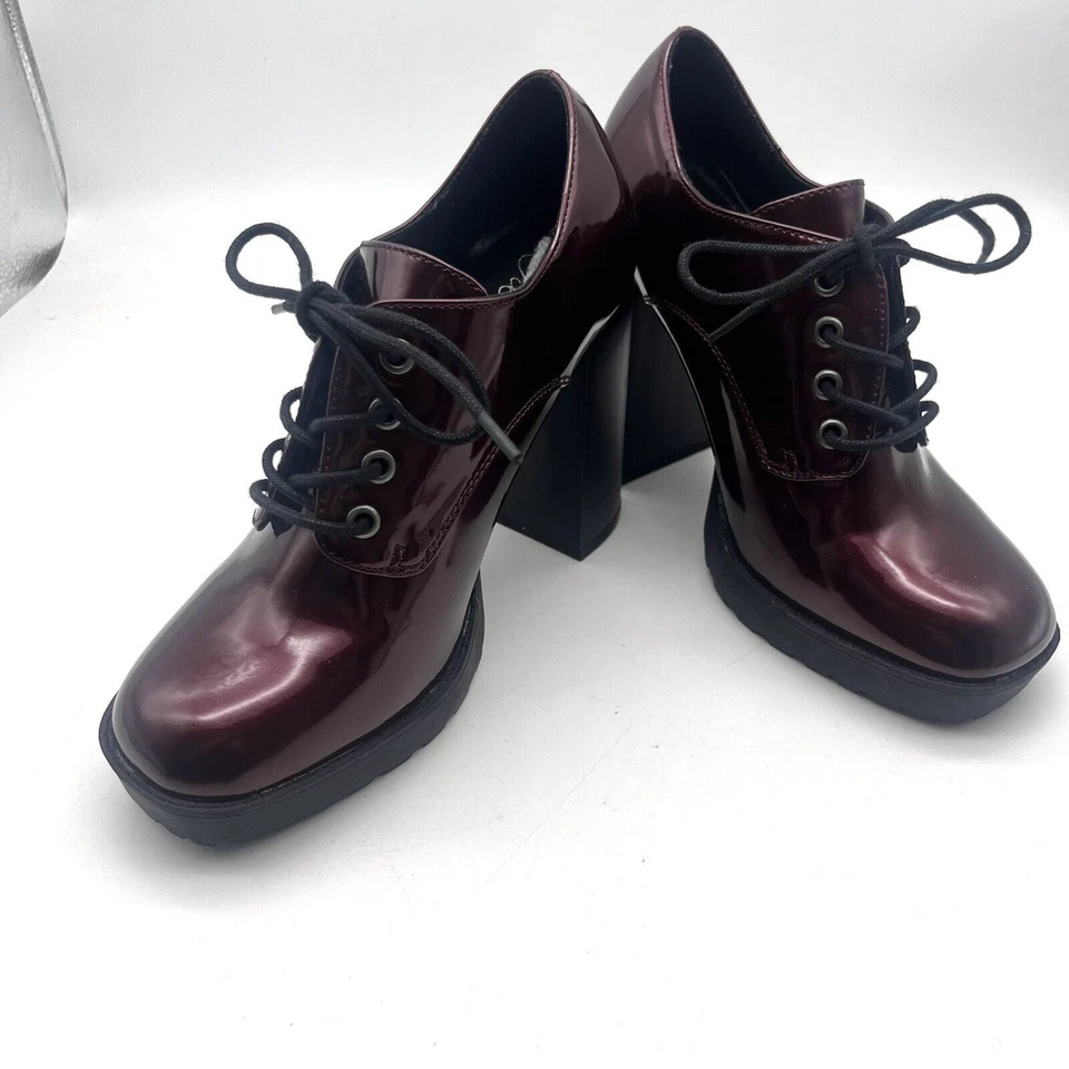 Wild Pair Darlaa Burgundy Patent Lace Up Platform Chunky Oxford Shoes size 9M - Image 1 of 4