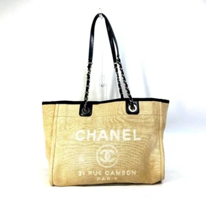 CHANEL Shoulder Bag Deauville 2WAY Chain Tote Bag Canvas/Leather Beige/Black - Picture 1 of 18