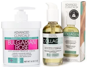 Advanced Clinicals Bulgarian Rose Anti Aging Cream Collagen Lifting Body Oil Set - Picture 1 of 9