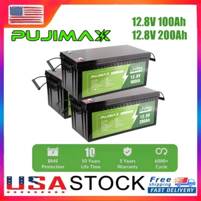 PUJIMAX 12V 100 200Ah LiFePO4 Lithium Battery BMS Deep Cycle For RV Solar Panel Off-Grid