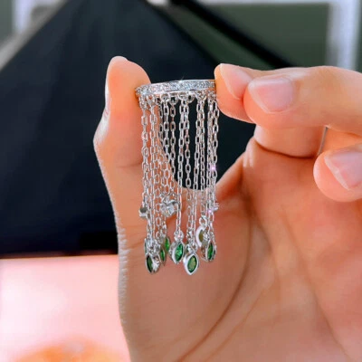 Anillo de mujer plateado redondo hoja verde borla larga colgante gota circonita cúbica Foto 1 de 4