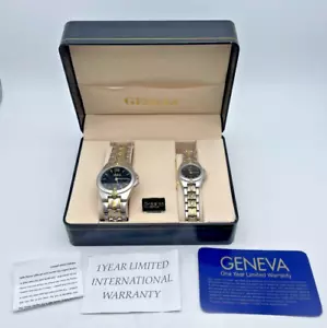 Geneva His & Hers Wristwatch Set Quartz Silver & Gold-Tone Stainless Steel Boxed - Picture 1 of 6