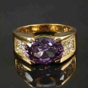 3Ct Oval Cut Lab Created Amethyst Diamond Men's Band Ring 14K Yellow Gold Plated - Picture 1 of 5