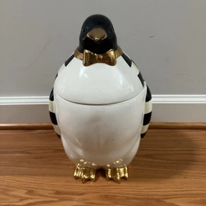 MacKenzie-Childs Penguin Cookie Jar Courtly Check Gold Accents – 14” T. Retired - Picture 1 of 9