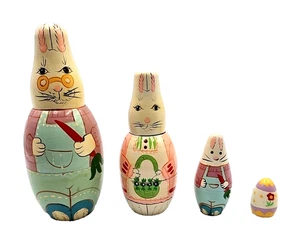 Vintage Easter Bunny Nesting Dolls Set 3 Wooden + Egg Russian Minor Flaws 1992 - Picture 1 of 6
